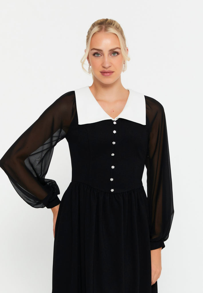 Midi Dress with Contrast Collar, Sheer Mesh Sleeves, and Waist-Cinching Design