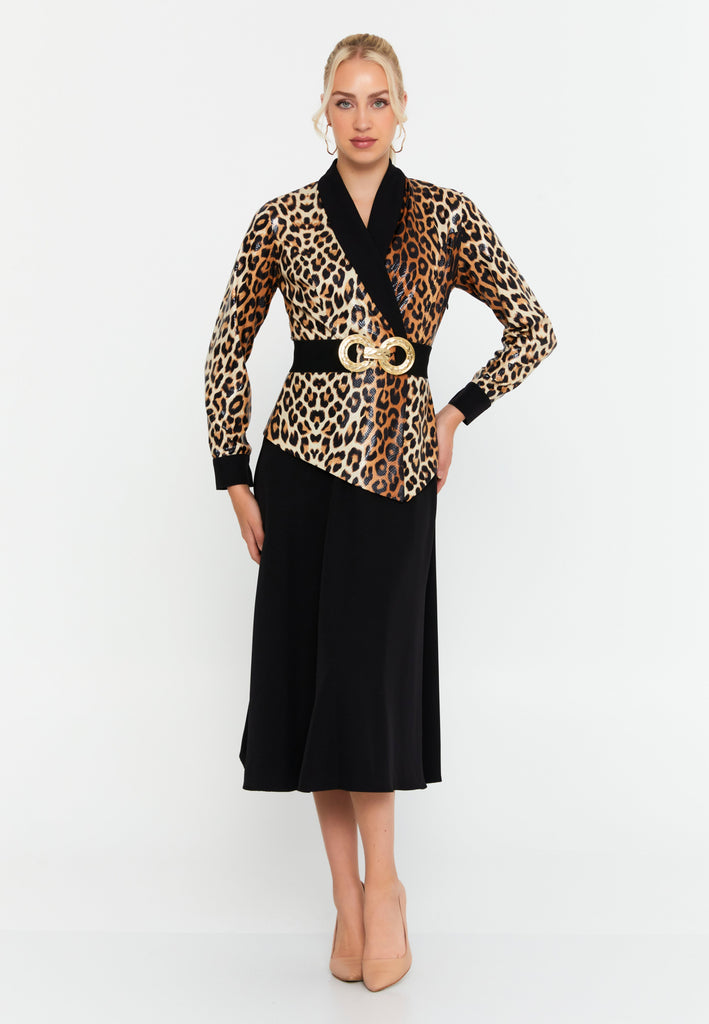 Contrast Blazer-Style Midi Dress with Waist Belt and A-Line Hem