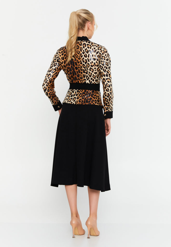 Contrast Blazer-Style Midi Dress with Waist Belt and A-Line Hem