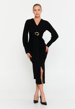 Load image into Gallery viewer, V-Neck Slim-Fit Midi Dress with Long Sleeves, Waist Belt, and Front Slit