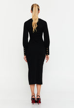 Load image into Gallery viewer, V-Neck Slim-Fit Midi Dress with Long Sleeves, Waist Belt, and Front Slit