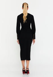 V-Neck Slim-Fit Midi Dress with Long Sleeves, Waist Belt, and Front Slit