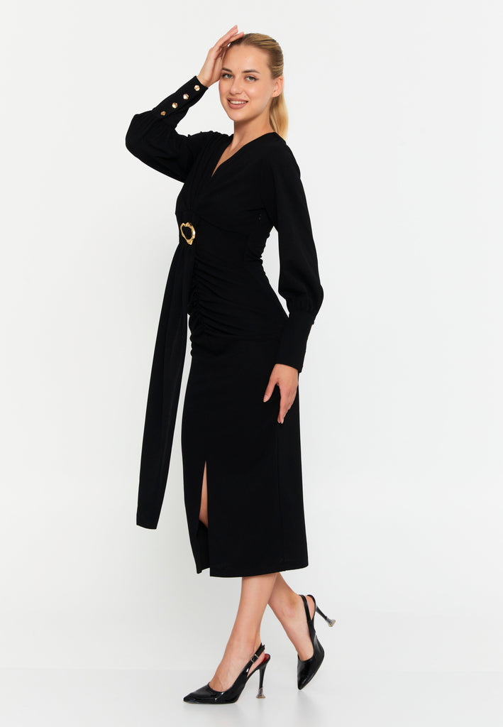 V-Neck Slim-Fit Midi Dress with Long Sleeves, Waist Belt, and Front Slit