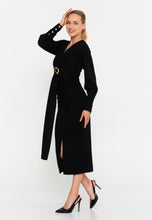 Load image into Gallery viewer, V-Neck Slim-Fit Midi Dress with Long Sleeves, Waist Belt, and Front Slit