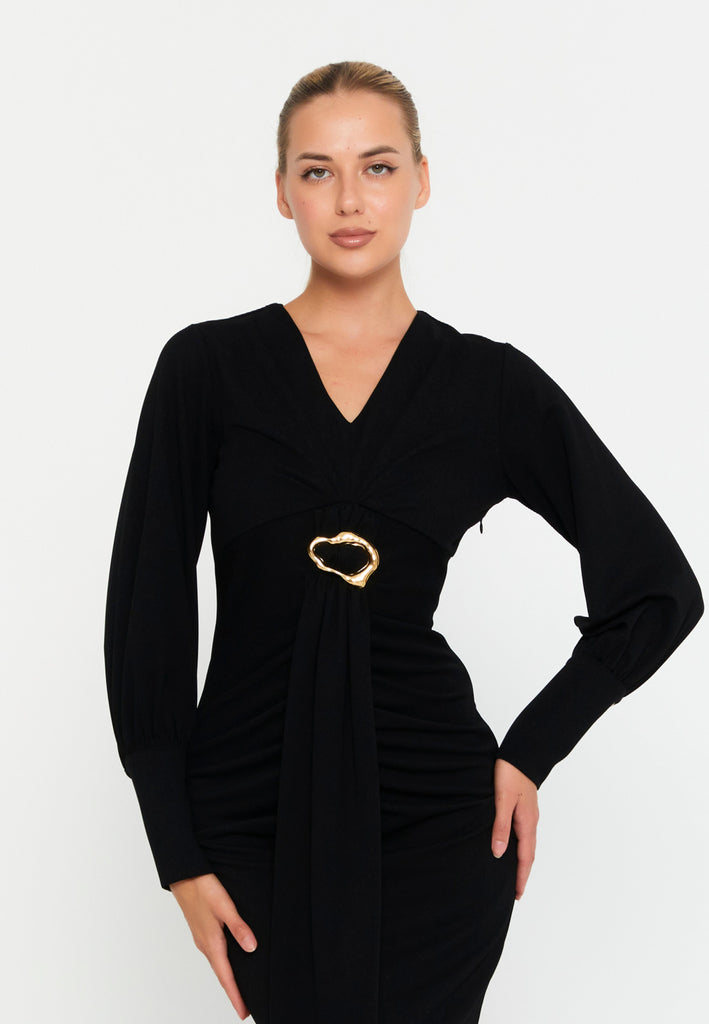 V-Neck Slim-Fit Midi Dress with Long Sleeves, Waist Belt, and Front Slit