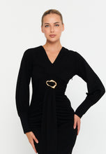 Load image into Gallery viewer, V-Neck Slim-Fit Midi Dress with Long Sleeves, Waist Belt, and Front Slit