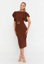 Load image into Gallery viewer, Midi Dress with Ruffle Sleeves, Waist Belt, and Fitted Silhouette