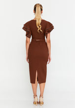 Load image into Gallery viewer, Midi Dress with Ruffle Sleeves, Waist Belt, and Fitted Silhouette