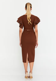 Midi Dress with Ruffle Sleeves, Waist Belt, and Fitted Silhouette