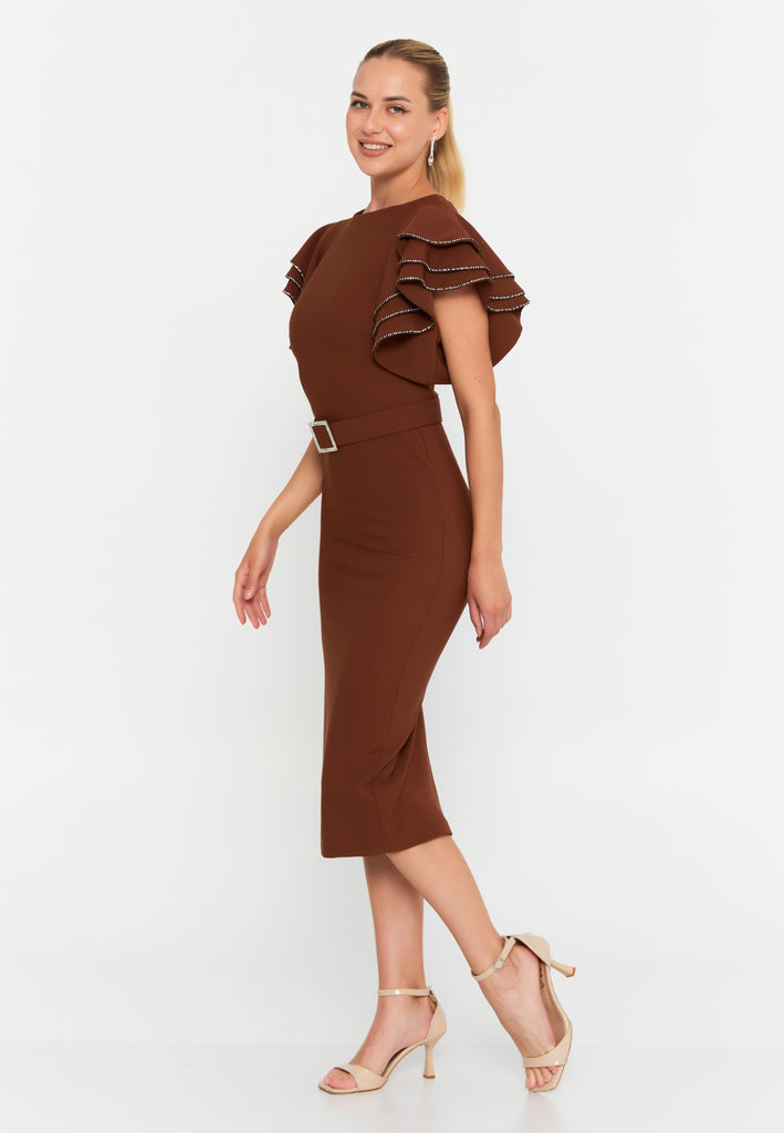 Midi Dress with Ruffle Sleeves, Waist Belt, and Fitted Silhouette