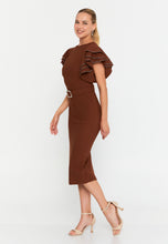Load image into Gallery viewer, Midi Dress with Ruffle Sleeves, Waist Belt, and Fitted Silhouette