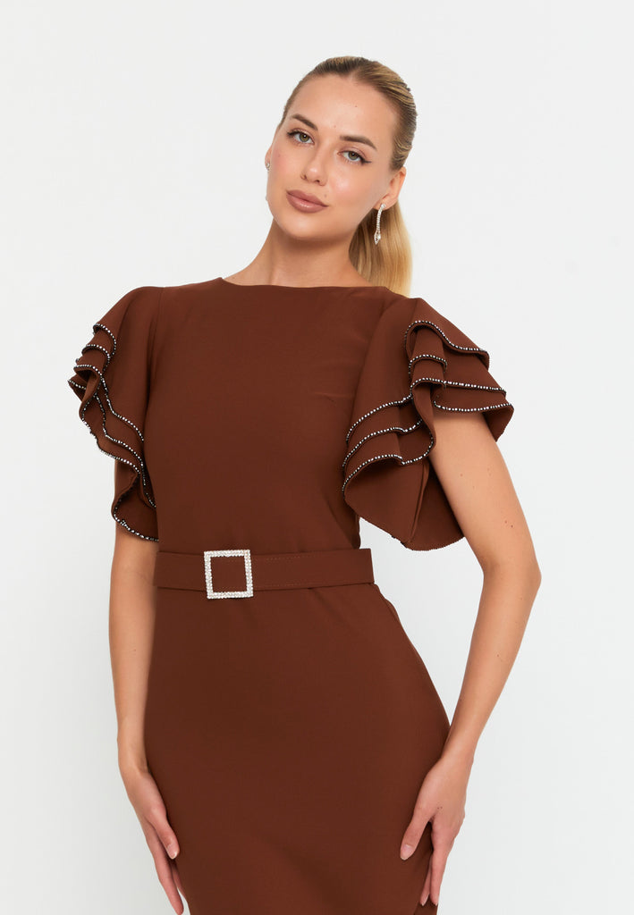 Midi Dress with Ruffle Sleeves, Waist Belt, and Fitted Silhouette
