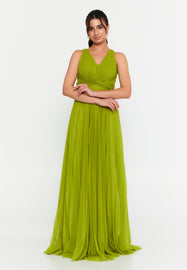 V-Neck Backless Maxi Dress with Waist-Cinching Design and Flowing Hem