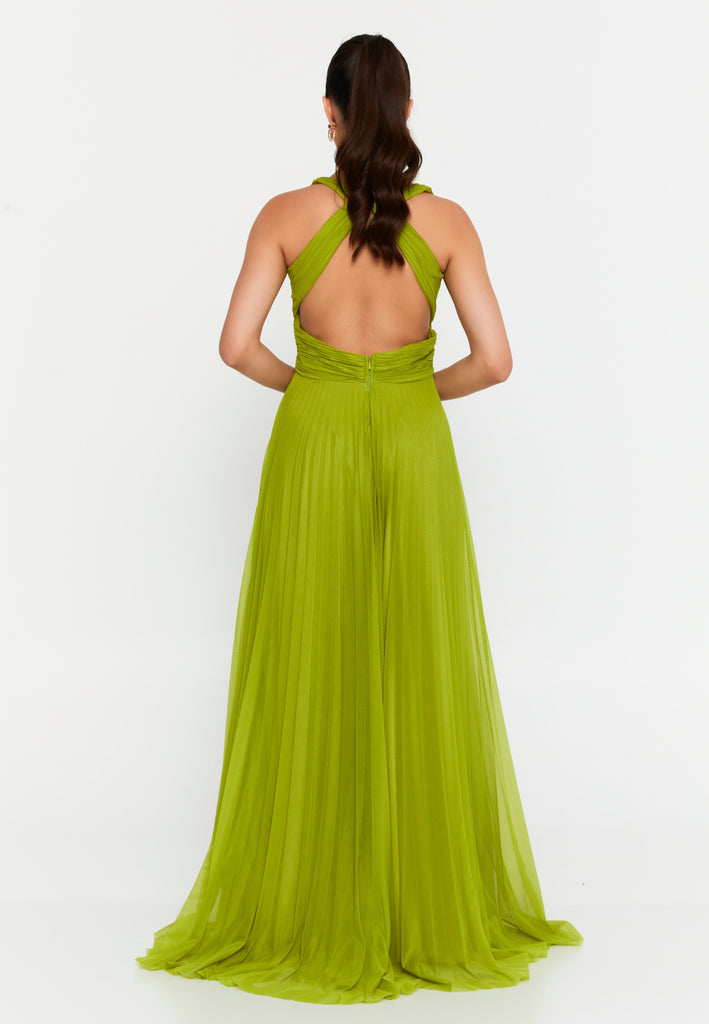 V-Neck Backless Maxi Dress with Waist-Cinching Design and Flowing Hem