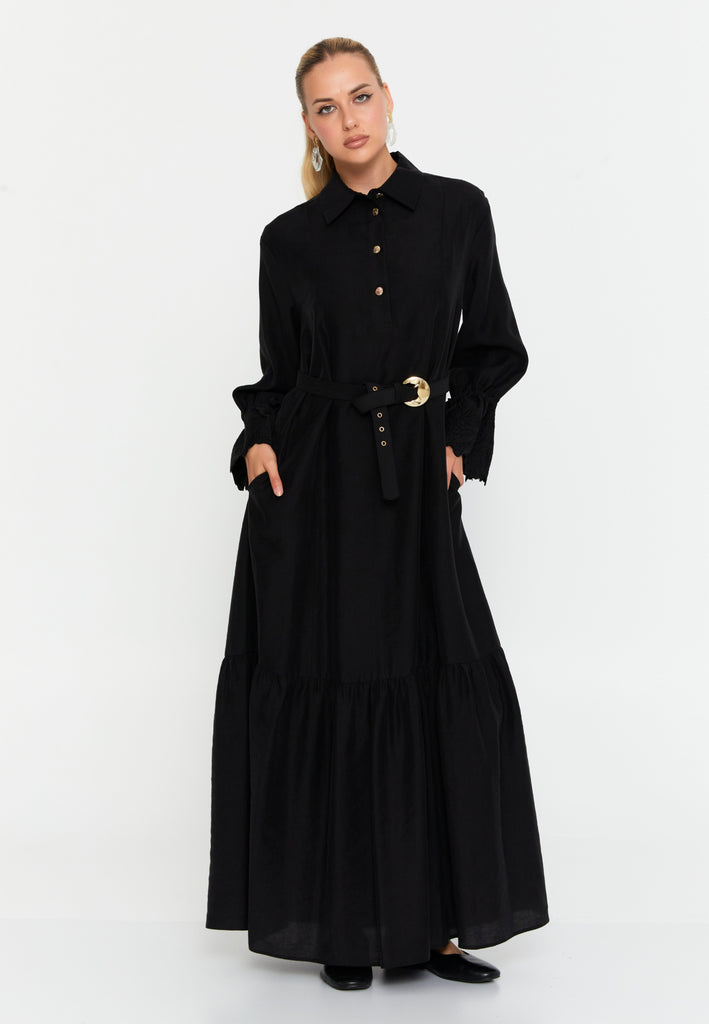 Collared Shirt-Style Maxi Dress with Waist Belt and Long Sleeves
