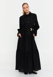 Collared Shirt-Style Maxi Dress with Waist Belt and Long Sleeves