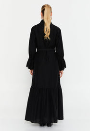Collared Shirt-Style Maxi Dress with Waist Belt and Long Sleeves