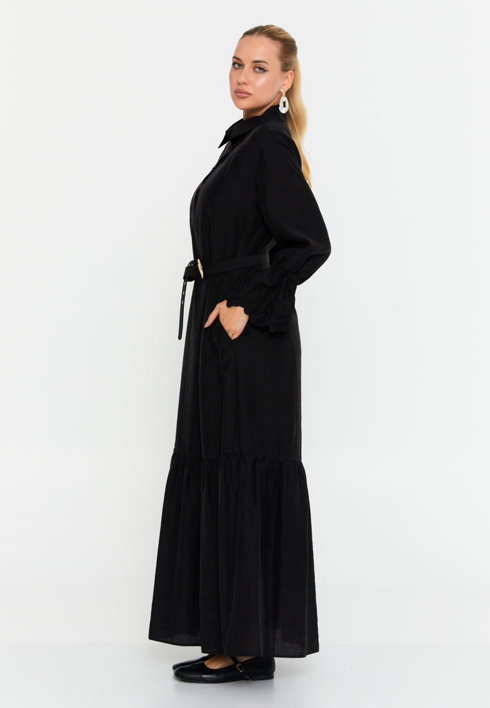 Collared Shirt-Style Maxi Dress with Waist Belt and Long Sleeves