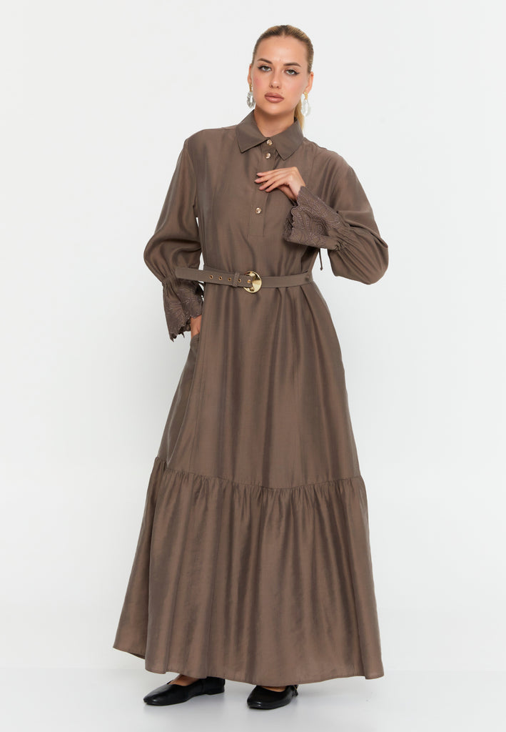 Collared Shirt-Style Maxi Dress with Waist Belt and Long Sleeves