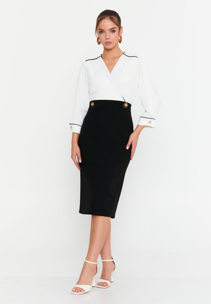 V-Neck Midi Dress with Waist-Cinching Design and Pencil Skirt Silhouette