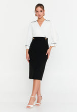 Load image into Gallery viewer, V-Neck Midi Dress with Waist-Cinching Design and Pencil Skirt Silhouette