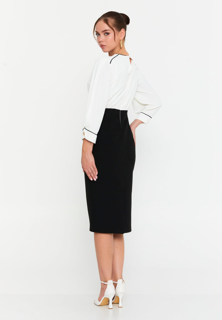 V-Neck Midi Dress with Waist-Cinching Design and Pencil Skirt Silhouette
