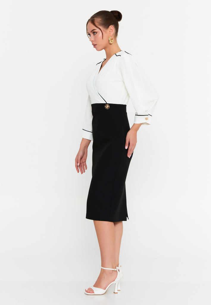 V-Neck Midi Dress with Waist-Cinching Design and Pencil Skirt Silhouette