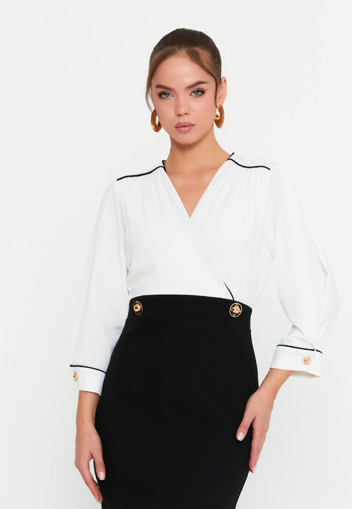 V-Neck Midi Dress with Waist-Cinching Design and Pencil Skirt Silhouette