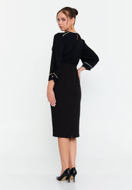 V-Neck Midi Dress with Waist-Cinching Design and Pencil Skirt Silhouette