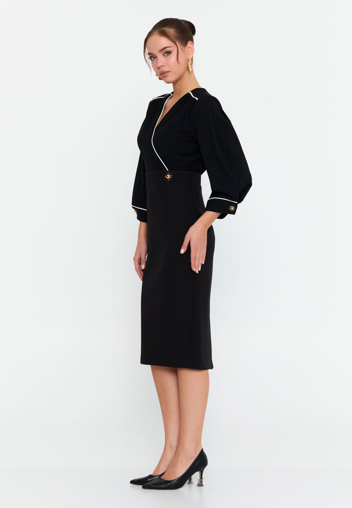 V-Neck Midi Dress with Waist-Cinching Design and Pencil Skirt Silhouette