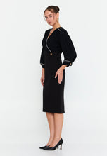 Load image into Gallery viewer, V-Neck Midi Dress with Waist-Cinching Design and Pencil Skirt Silhouette