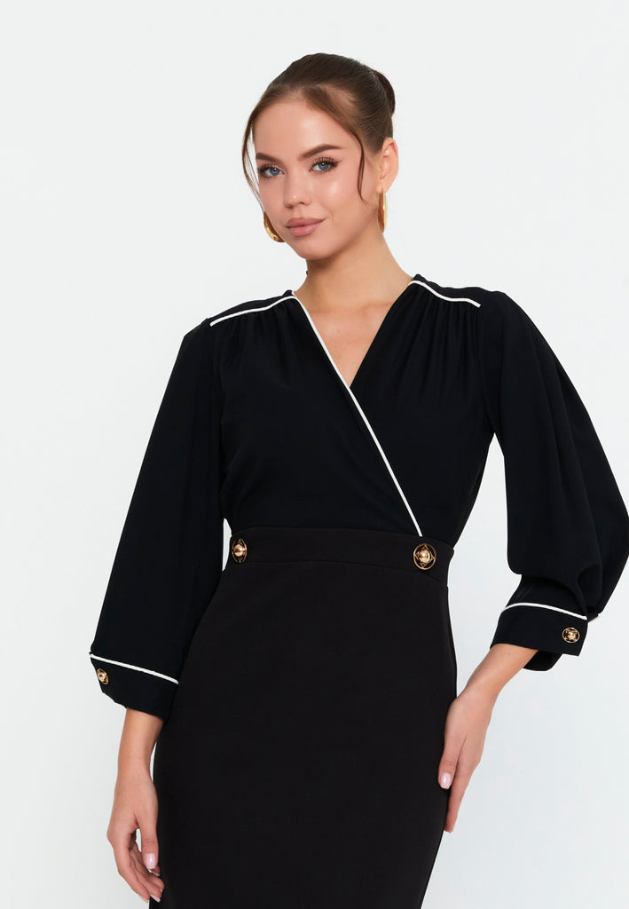 V-Neck Midi Dress with Waist-Cinching Design and Pencil Skirt Silhouette