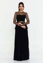 Load image into Gallery viewer, Sheer Mesh Panel Long-Sleeve Evening Gown with Waist Belt and Flowing Hem
