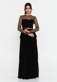Sheer Mesh Panel Long-Sleeve Evening Gown with Waist Belt and Flowing Hem