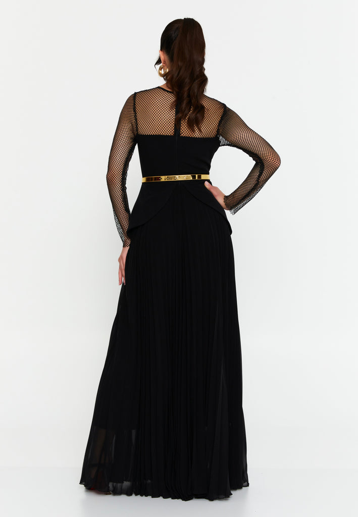 Sheer Mesh Panel Long-Sleeve Evening Gown with Waist Belt and Flowing Hem