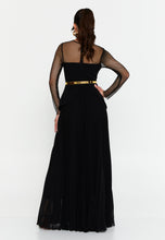 Load image into Gallery viewer, Sheer Mesh Panel Long-Sleeve Evening Gown with Waist Belt and Flowing Hem