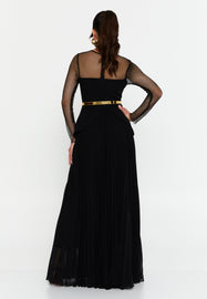Sheer Mesh Panel Long-Sleeve Evening Gown with Waist Belt and Flowing Hem