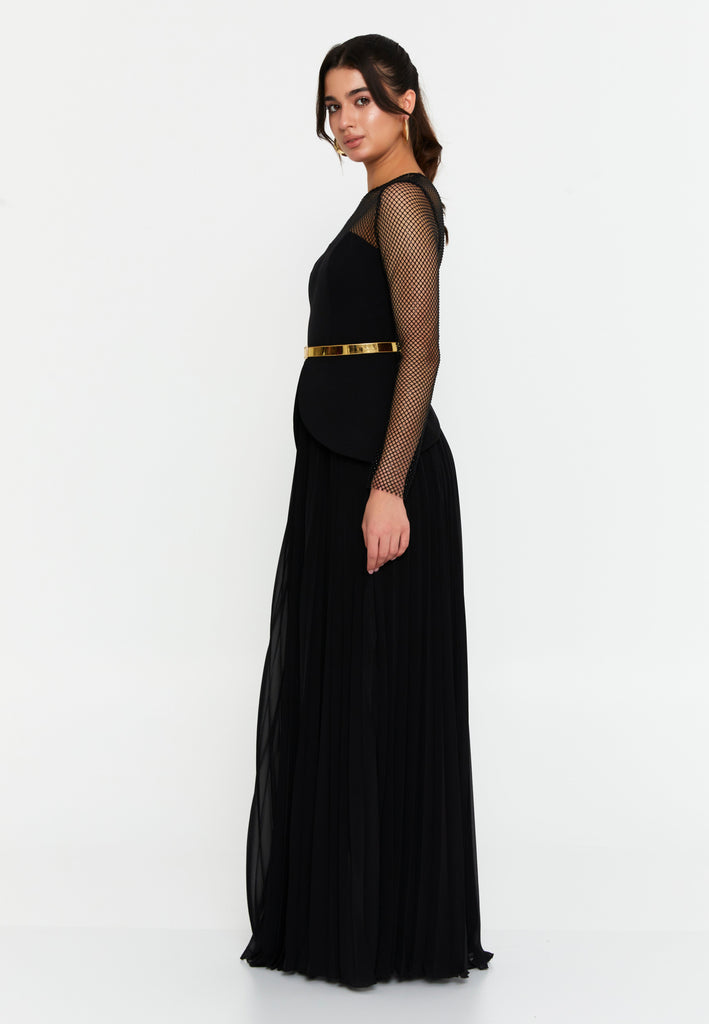 Sheer Mesh Panel Long-Sleeve Evening Gown with Waist Belt and Flowing Hem