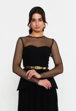 Load image into Gallery viewer, Sheer Mesh Panel Long-Sleeve Evening Gown with Waist Belt and Flowing Hem