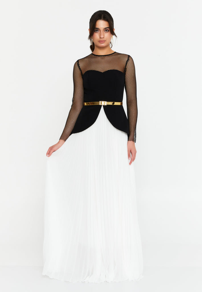 Sheer Mesh Panel Long-Sleeve Evening Gown with Waist Belt and Flowing Hem