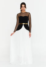 Load image into Gallery viewer, Sheer Mesh Panel Long-Sleeve Evening Gown with Waist Belt and Flowing Hem