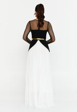 Load image into Gallery viewer, Sheer Mesh Panel Long-Sleeve Evening Gown with Waist Belt and Flowing Hem