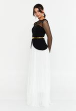 Load image into Gallery viewer, Sheer Mesh Panel Long-Sleeve Evening Gown with Waist Belt and Flowing Hem