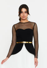 Load image into Gallery viewer, Sheer Mesh Panel Long-Sleeve Evening Gown with Waist Belt and Flowing Hem