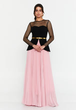 Load image into Gallery viewer, Sheer Mesh Panel Long-Sleeve Evening Gown with Waist Belt and Flowing Hem