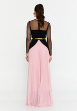 Load image into Gallery viewer, Sheer Mesh Panel Long-Sleeve Evening Gown with Waist Belt and Flowing Hem
