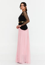 Load image into Gallery viewer, Sheer Mesh Panel Long-Sleeve Evening Gown with Waist Belt and Flowing Hem