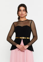 Load image into Gallery viewer, Sheer Mesh Panel Long-Sleeve Evening Gown with Waist Belt and Flowing Hem
