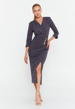 Load image into Gallery viewer, V-Neck Midi Dress with Ruched Waist, Decorative Buttons, and Front Slit