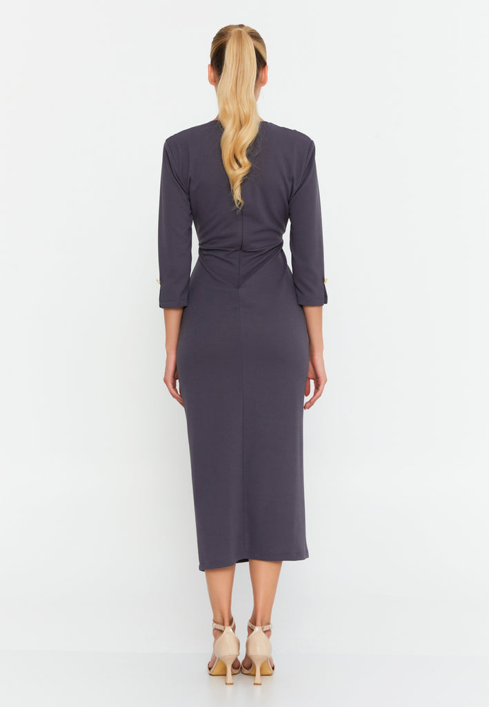 V-Neck Midi Dress with Ruched Waist, Decorative Buttons, and Front Slit